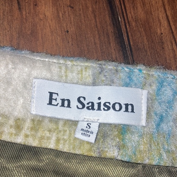 Y2K En Saison Size Blue Green and White Plaid Illusion Wrap Mini Skirt - Picture 9 of 10